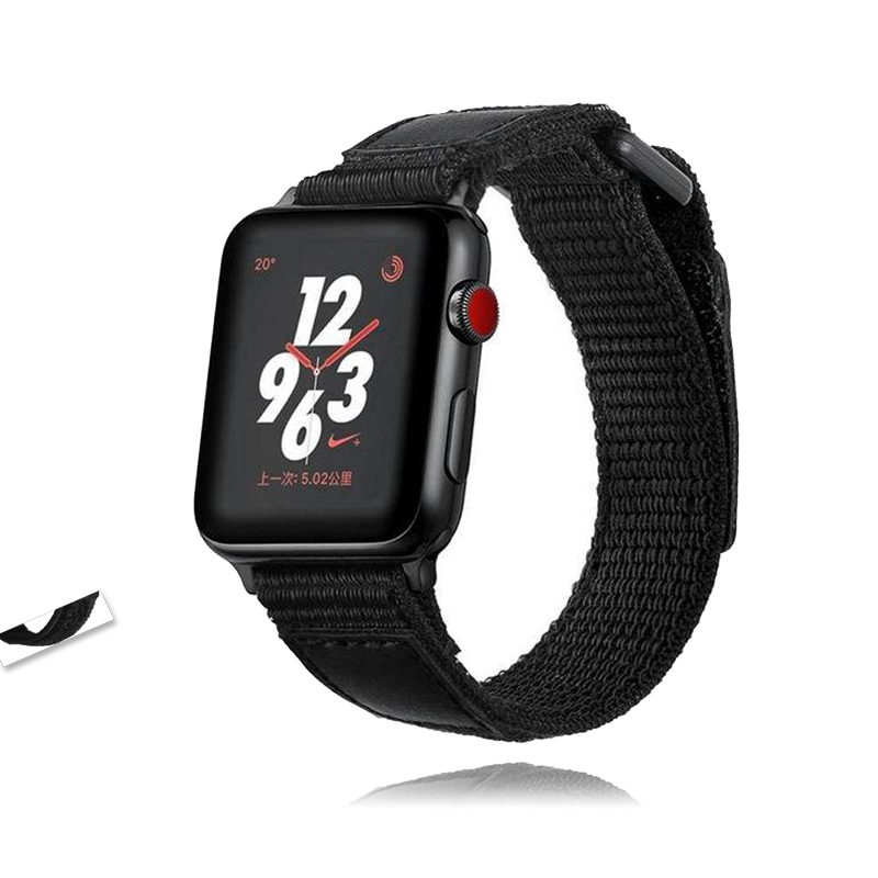 1367603806289SquarePicture.png Black Leather Sport Loop Woven Nylon Breathable Wristband Series 7 6 5 - Image 1